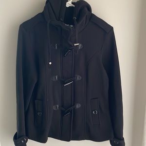 Sebby Black hooded Coat cuffed sleeves back belt zip front & toggle Loops-M/M